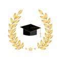 Golden graduation cap with laurel wreath vector illustration on white background. Festive graduation day greeting card