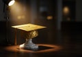 Golden Graduation Cap on Marble Base Under Spotlight Royalty Free Stock Photo
