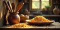 Golden grains in rustic kitchen setting a still life of dried pulses. Generative AI Royalty Free Stock Photo