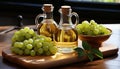 Golden grape oil in glass pitchers with fresh grapes on a wooden board