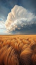Golden grass field under a massive, dramatic, swirling cloud formation hinting at a coming storm. Royalty Free Stock Photo