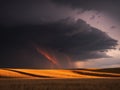 Golden Grassland Sunset Beneath Intense Storm Clouds. Royalty Free Stock Photo