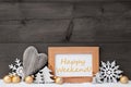 Golden Gray Christmas Decoration, Snow, Happy Weekende Royalty Free Stock Photo