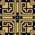 Golden Greek ancient style plaid tartan square frame, border seamless pattern with gold ropes, zipper, greek key meanders. Vector Royalty Free Stock Photo