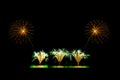 Golden and green fireworks display on night sky Royalty Free Stock Photo