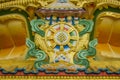 A golden green image of Tibetan Buddhist shrines on the wall of the temple