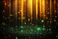 Golden, green sparkling particles fall like rain on dark background. Abstract design with glittering effect. Visual display for