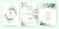 Golden greenery wedding invitation template set with leaves, glitter, frame, and border. Floral decoration vector for save the Royalty Free Stock Photo