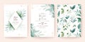 Golden greenery wedding invitation template set with leaves, glitter, frame, and pattern. Floral decoration vector for save the Royalty Free Stock Photo