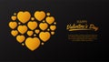 Golden group heart shape illustration with black background for valentine`s day greeting card template