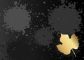 Golden Grunge splash banner, paint splatter pattern in dark black with splashes of gold maple leaf background. Vector Luxury Textu