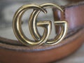 golden gucci logo in metal in the foreground