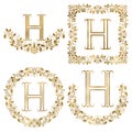 Golden H letter ornamental monograms set. Heraldic symbols in wreaths, square and round frames