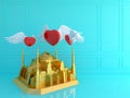 Golden Hagia Sophia with red heart in blue room .Love travel Turkey concept.3d render