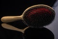 Golden hairbrush with red middle and high-quality multilayer teeth on reflective black background. subject photo. individual