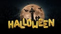 Golden Halloween balloons. Scary night landscape with red full moon, graveyard with crosses, bats and trees at midnight halloween Royalty Free Stock Photo