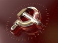 Golden hammer and sickle with fracturesglowing edges on high tech dark red background. News Id style background