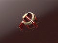 Golden hammer and sickle with fracturesglowing edges on high tech dark red background. News Id style background