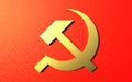 Golden hammer and sickle on a red background.