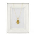 Golden Hamsa, Hand of Fatima Amulet Coulomb over Empty Photo Frame. 3d Rendering Royalty Free Stock Photo
