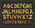 Golden Hand Drawn Font. Hand Written Glitter Modern Alphabet and Numbers. Vector Design Symbols. Royalty Free Stock Photo