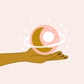 Golden hand, planets and moon illustration