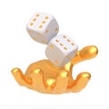 Golden Hand Tossing White Dice with Golden Spots isolated on a white background