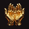 Golden hands, human hands covered with gold isolated on black, symbol of skill, good work