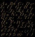 Golden Handwritten Alphabet Numbers And Signs On Dark Background