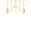 golden hanging Arabic traditional Ramadan Kareem lantern. Eid Fitr or Adha Mubarak lamp Greeting gold color crescent moon and Royalty Free Stock Photo