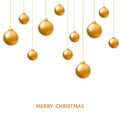 Golden hanging Christmas balls isolated on white background.