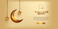 Golden hanging moon crescent with star for islamic party ramadan kareem, eid mubarak for luxury background banner with calligraphy