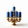 Golden Hanukkah Candle Holder With Blue Candles On White Background