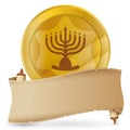 Empty unrolled scroll with golden Hanukkah gelt with candelabra, Vector illustration