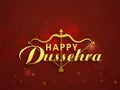 Golden Happy Dussehra Font With Bow, Arrow Illustration And Bokeh Light Effect On Red Jai Shri Ram Hindi Text Pattern