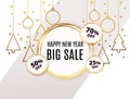 Golden Happy New Year Christmas holiday winter sale price off tag poster beige. Festive Xmas decoration gold Christmas Royalty Free Stock Photo