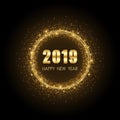 Golden happy new year 2019 in circle ring fireworks with burst glitter on black color background Royalty Free Stock Photo