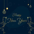 Golden Happy New Year Font With Linear Style Female Hands Holding Champagne Glasses And Baubles Hang On Blue Fireworks Royalty Free Stock Photo