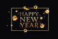 Golden Happy New Year text with golden frame, dragon, party mirror ball, gifts and pine flying on a black background. Luxury New