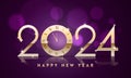 Golden 2024 Happy New Year Text with Wall Clock and Lights Effect Purple