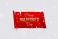 Golden Happy Valentine`s Day text on horizontal red paper with curved edges isolated on snowfall background. Vector