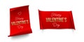 Golden Happy Valentine`s Day text on vertical and horizontal red papers with curved edges isolated on white background