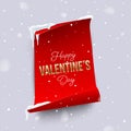 Golden Happy Valentine`s Day text on vertical red paper with curved edges isolated on snowfall background. Vector winter