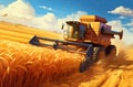 Golden Harvest: Combine at Work in Wheat Field. Generative ai