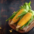 A golden harvest isolated corn on a textured wooden background