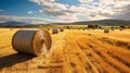 .Golden hay bales in a rural field with blue skies. A picturesque harvest scene in the countryside Royalty Free Stock Photo