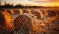 Golden haystacks dot the rural landscape, a harvest in motion generated by AI Royalty Free Stock Photo