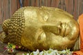 Golden Head of Reclining Buddha Statue on the side of  Parinirvana Temple in Kushinagar Royalty Free Stock Photo