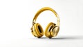 Golden headphones isolated on white background. Accessory for listening to music. Close up, 3D rendering