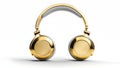 Golden headphones isolated on white background. Bluetooth headset for listening to music. Close up, 3D rendering